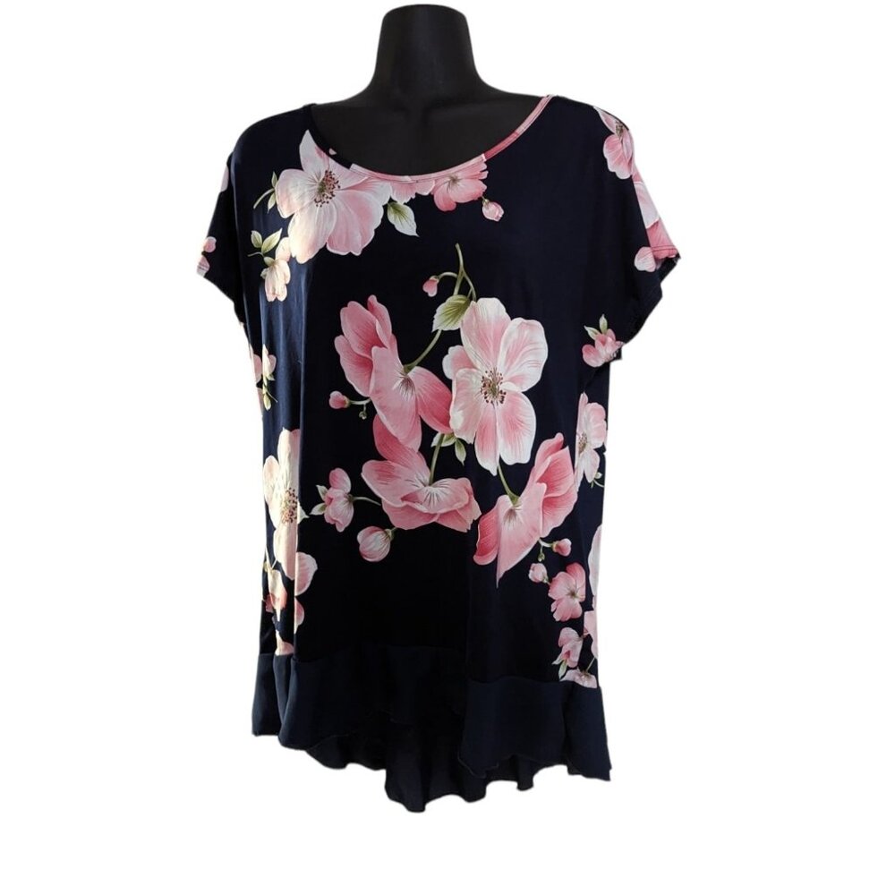 Espresso Black Pink Floral Crew Neck Spandex Blouse Shirt Top Large L